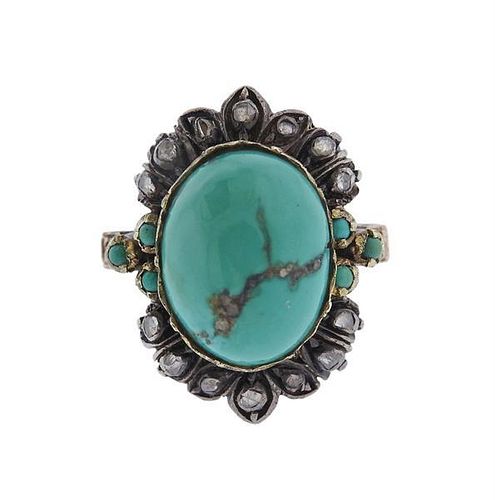 Antique 18K Gold Silver Diamond Turquoise Ring