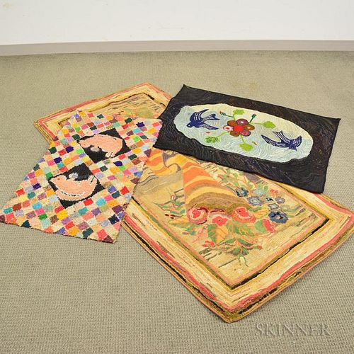 Three Pictorial Hooked Rugs, one with two squirrels, 25 x 43, one with birds, 34 x 45, and one with a cornucopia, 38 1/2 x 75