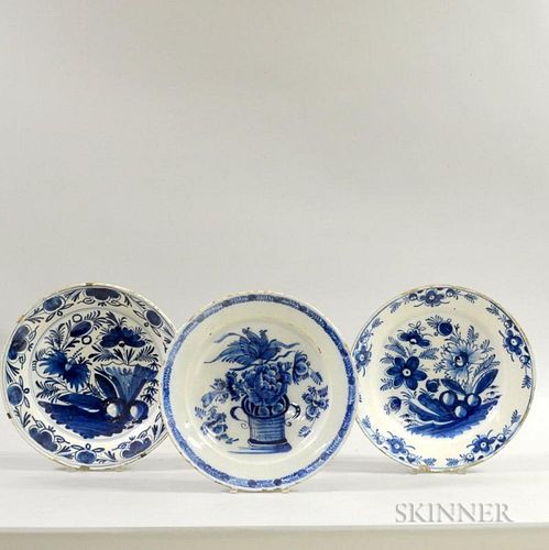 Three Blue and White Floral-decorated Delft Chargers