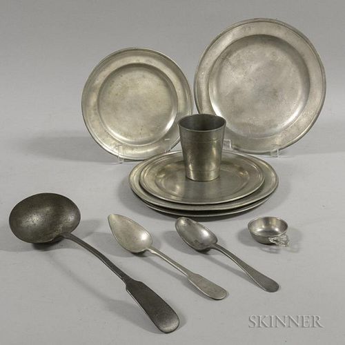Ten Pewter Tableware Items, five plates: two marked "Fasson" and one "Townsend"; a ladle, two spoons, a porringer, and a cup.