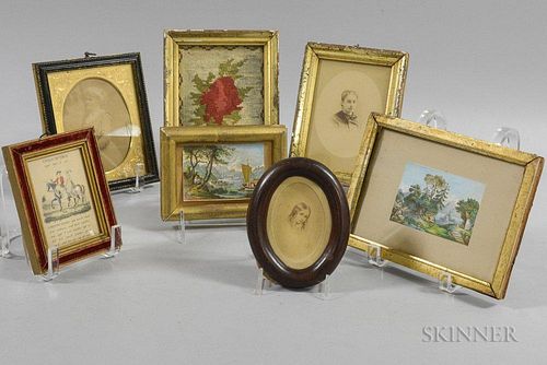 Seven Small Framed Items, including needlepoint, engravings, and photographs.