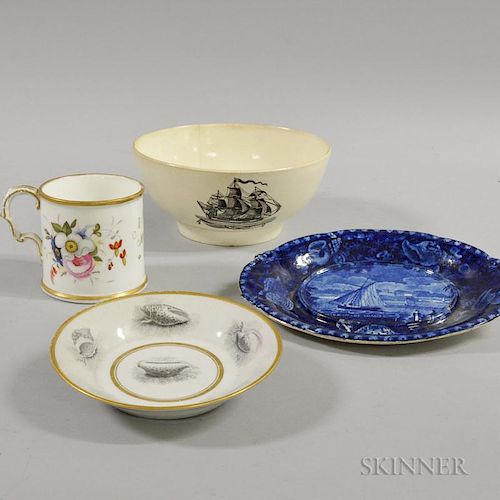 Four English Ceramic Items, 19th century, a transfer-decorated creamware bowl, a Coalport mug, a shell-decorated saucer, and
