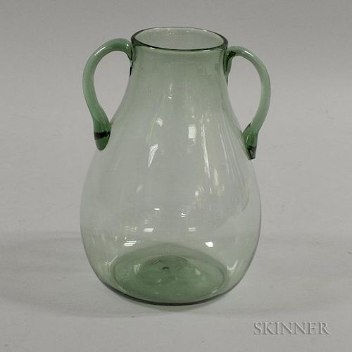 Blown Green Glass Double-handled Vase, ht. 8 in.