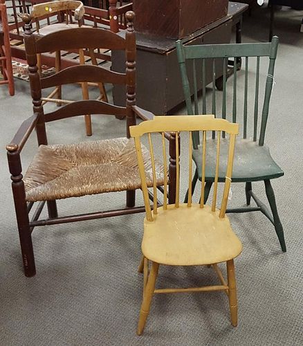 Three Chairs, an early turned armchair, a child's step-back Windsor, and a bamboo-turned Windsor, ht. to 40 in.