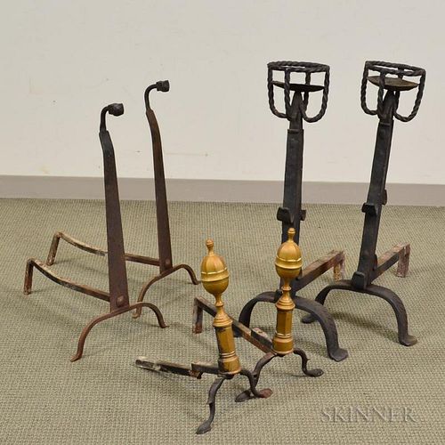 Three Pairs of Brass and Wrought Iron Andirons, ht. to 32 1/2 in.