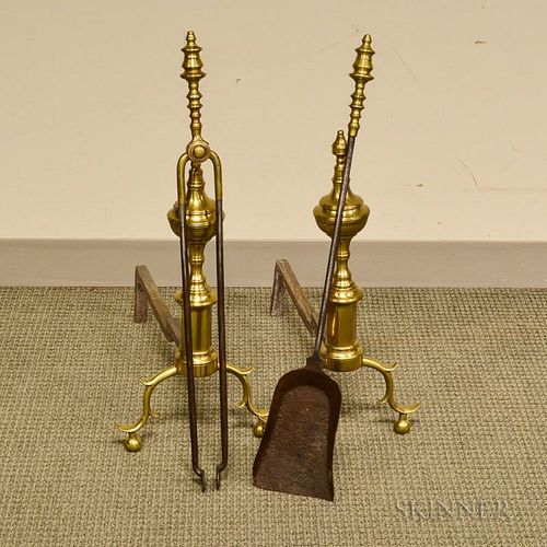 Pair of Brass Andirons, Pair of Tongs, and a Shovel, possibly Whittingham, New York, ht. 21 in.