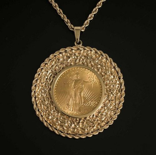 U.S. $20 Double Eagle, St. Gaudens, in 14K Gold Bezel with Chain