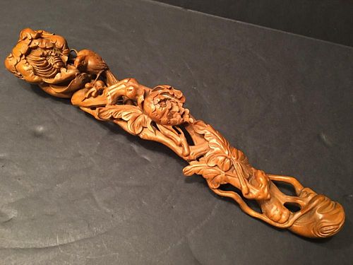 ANTIQUE Large Chinese Boxwood Ruyi with Bird and flowers carvings, 19th Century, 12"long