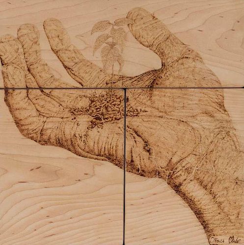 AN OLIVER T. CLARK PYROGRAPHY ON WHITE MAPLE PANEL