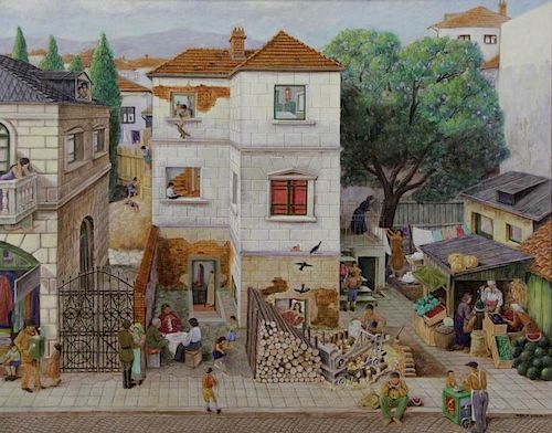 GILBOA, Nahum. Oil on Canvas. Village Scene.