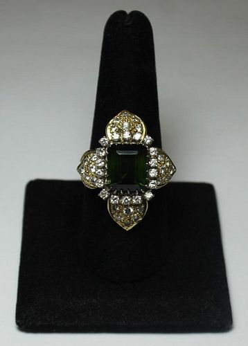 JEWELRY. Diamond and Peridot Floral Form Ring.