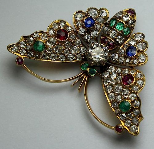 JEWELRY. 18kt Gold and Gem Butterfly Form Pendant
