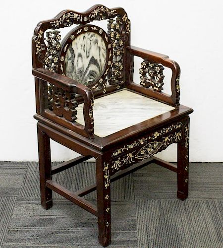 Chinese Hardwood Chair w Mother of Pearl & Marble
