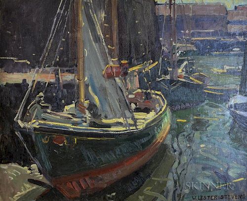 Attributed to William Lester Stevens (American, 1888-1969)      Fishing Vessels at a Wharf