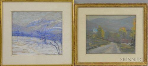 American School, 20th Century      Two Pastels: Winter Orchards and Mountains