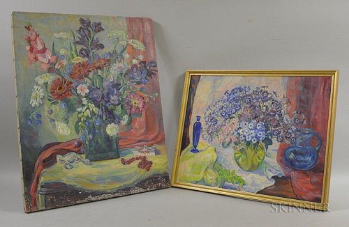 Marguerite Neuhauser Shafer (American, 1888-1976)      Two Floral Still Lifes: Blue Flowers in Green Vase