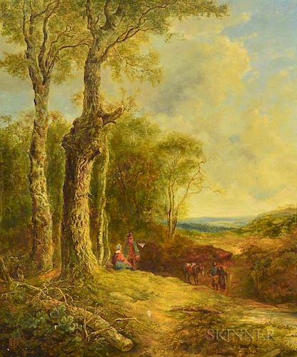 Abraham Hulk II (British, 1851-1922)    Landscape with Figures Beneath Tall Trees