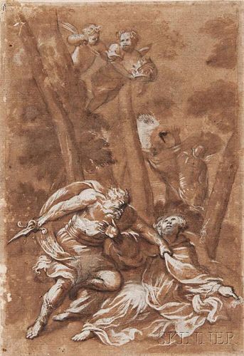 Attributed to Bartolomeo Guidobono (Italian, 1654-1709), Martyrdom of an Early Saint with Cherubs Above Holding Three Crowns
