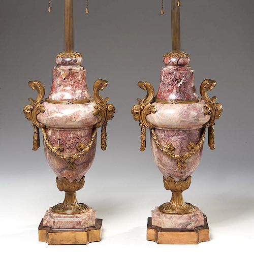 Pair Louis XXI style bronze, marble urn lamps