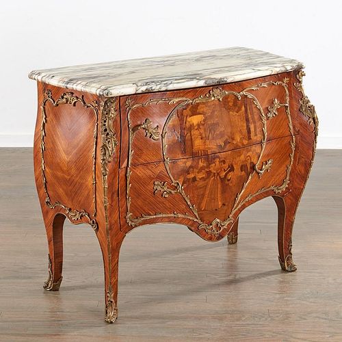 Louis XV style marble top marquetry commode