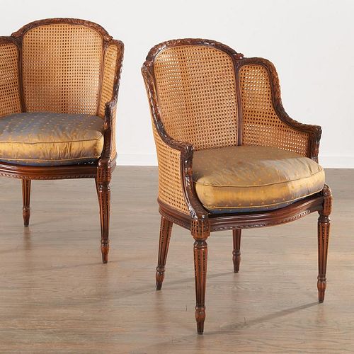 Pair Louis XV style caned bergeres