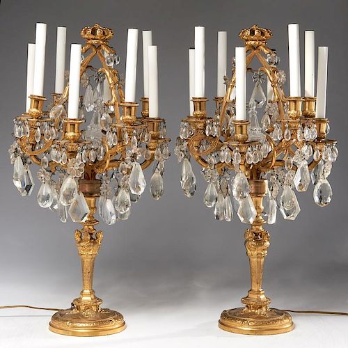 Pair Regence gilt bronze and crystal candelabra