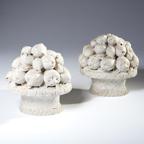 Pair Italian carved marble fruiting baskets