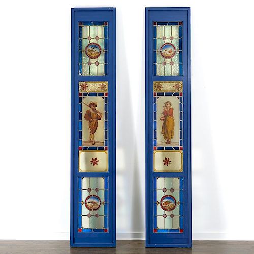 Pair Victorian style stained glass window panels