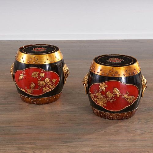 Pair Asian lacquered barrel stools