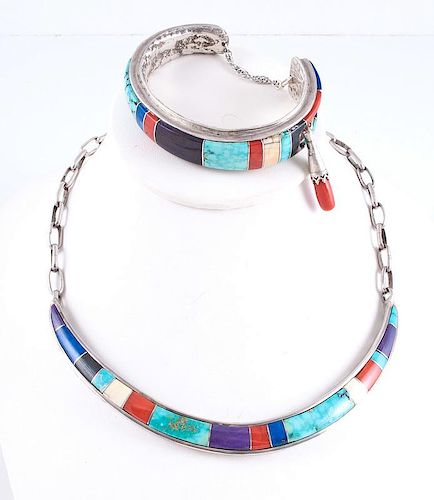 Ben Nighthorse Campbell (Cheyenne, b. 1933) Silver Inlaid Cuff Bracelet and Choker Necklace