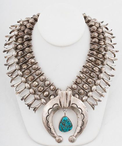 Navajo Silver Squash Blossom with Turquoise Pendant