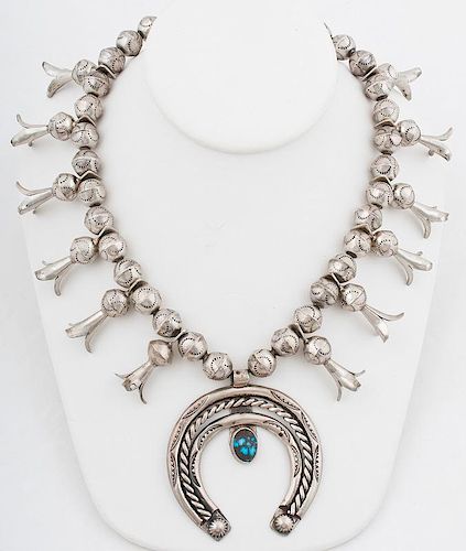 Navajo Stamped Silver and Turquoise Squash Blossom