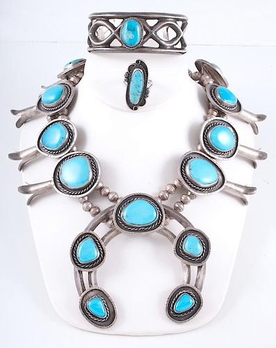 Navajo Silver and Turquoise Squash Blossom, Cuff Bracelet, and Ring