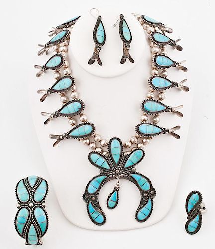 Zuni Silver and Turquoise Squash Blossom with Matching Cuff Bracelet, Ring and Earrings