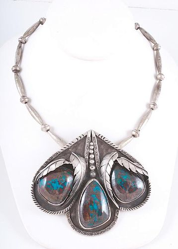 Navajo Silver Necklace with Three Large Turquoise Stones