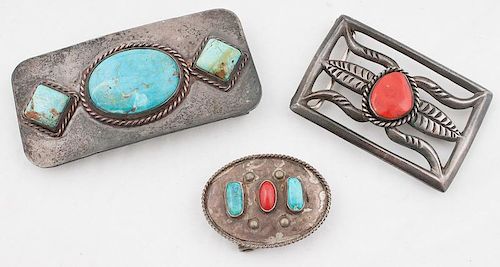 Navajo Silver Belt Buckles Set with Turquoise and/or Coral Cabochons