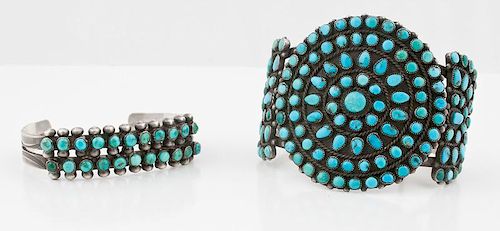 Zuni Silver and Turquoise Cluster Cuff Bracelets
