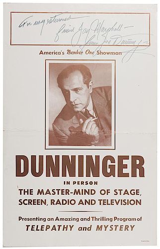 Dunninger In Person. The Master—Mind of Stage, Screen, Radio and Television. Signed Window Card.