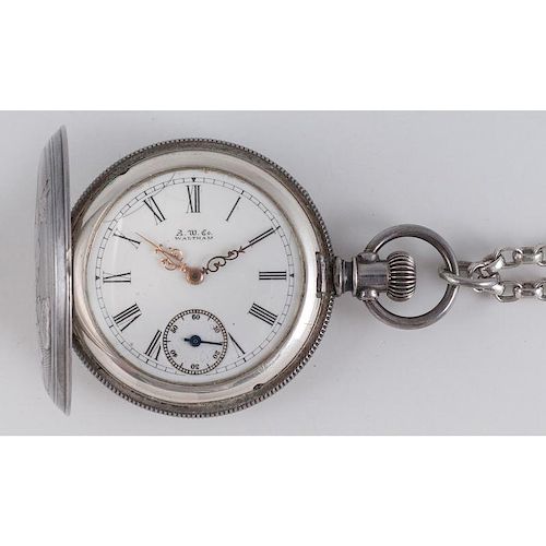 Waltham Hunter Case Pocket Watch in Coin Silver with Chain 43.62 Dwt.