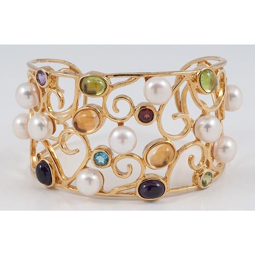 Sterling Silver Cuff Bracelet with Cultured Pearls and Gemstones 31.6 Dwt.