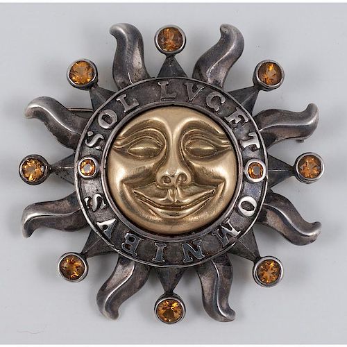 Sun Brooch in Sterling Silver and 18 Karat Gold 13.3 Dwt.