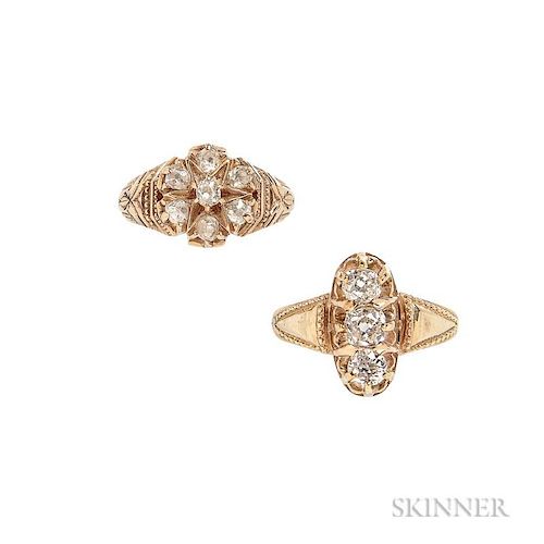 Two Antique 18kt Gold and Diamond Rings, set with old mine-cut diamonds, 6.5 dwt, size 5, 6.