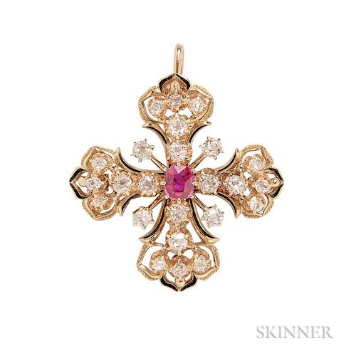 Victorian Revival 14kt Gold, Ruby, and Diamond Maltese Cross Pendant/Brooch, c. 1940s, centering a cushion-cut ruby and old m