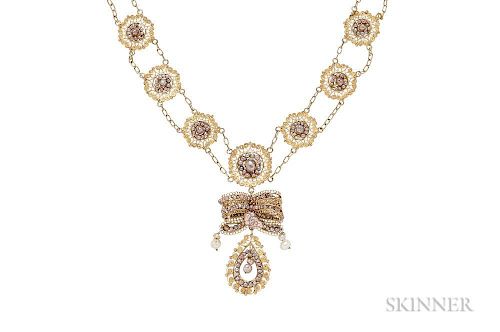 Gold Filigree and Freshwater Pearl Necklace, suspending a bow drop, 24.7 dwt, lg. 21 1/2 in.