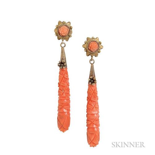 Antique Gold and Coral Earrings, each carved coral drop with floral cap, lg. 2 1/4 in.