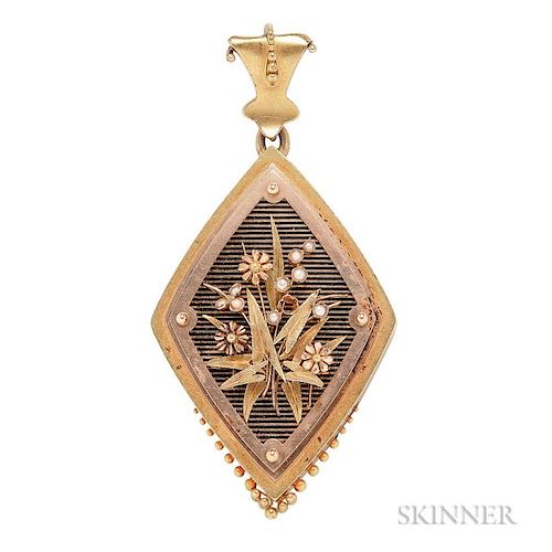 Victorian Gold Pendant, navette-form, with floral and foliate motifs, split pearls, and black enamel, beaded accents, reverse