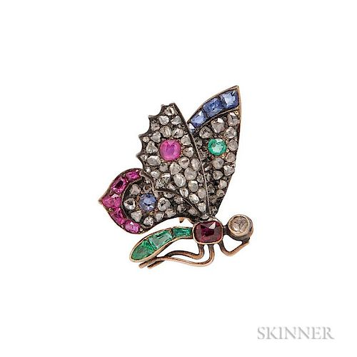 Antique Gold Gem-set Butterfly Pin, with ruby, emerald, and sapphire, and rose-cut diamonds, lg. 7/8 in.