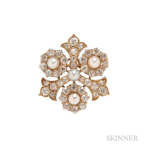Antique Gold, Diamond, and Pearl Pendant/Brooch, Schumann Sons, New York, set with old European-cut diamonds and pearls, lg. 