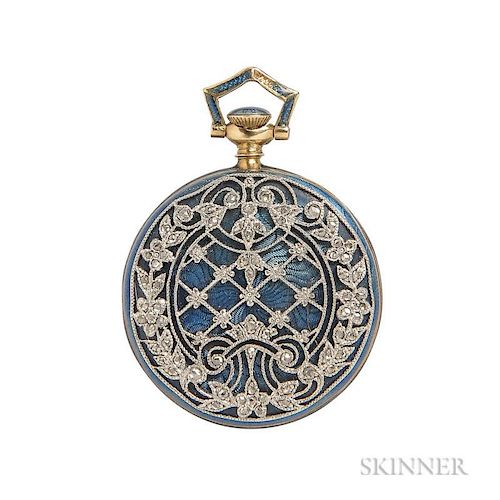 Edwardian 18kt Gold, Enamel, and Diamond Open-face Pendant Watch, Tiffany & Co., the engraved goldtone metal dial with arabic