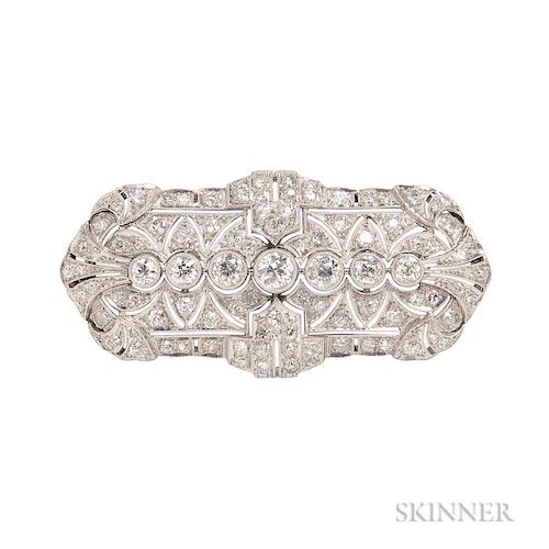 Art Deco Platinum and Diamond Brooch, bezel- and bead-set with old European- and single-cut diamonds, approx. total wt. 4.50 